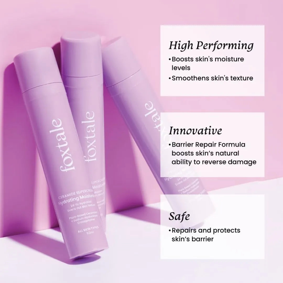 Foxtale 5x Hydrating Ceramide Moisturizer for Face | Micro Hyaluronic Acid & 3 Ceramides | Lightweight | Fast Absorbing | Repairs Skin Barrier and Texture | Men & Women - 50ml