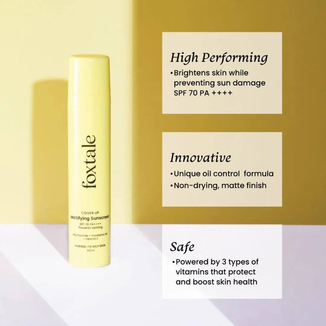 Foxtale Cover Up Matte Sunscreen SPF 70+ PA++++ | No White Cast | Non Greasy | Prevents Tanning | UVA/UVB Protection | Lightweight | Men & Women | For Normal to Oily Skin | 50 ml