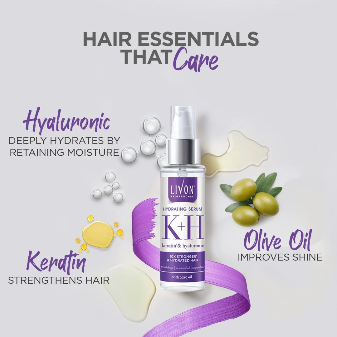 Livon Professional Hydrating Serum for Women & Men | With Keratin, Hyaluronic & Olive Oil | For Stronger, Hydrated & Frizz-free Hair | No Paraben, Sulphate or Mineral Oil | All Hair Types | 100ml