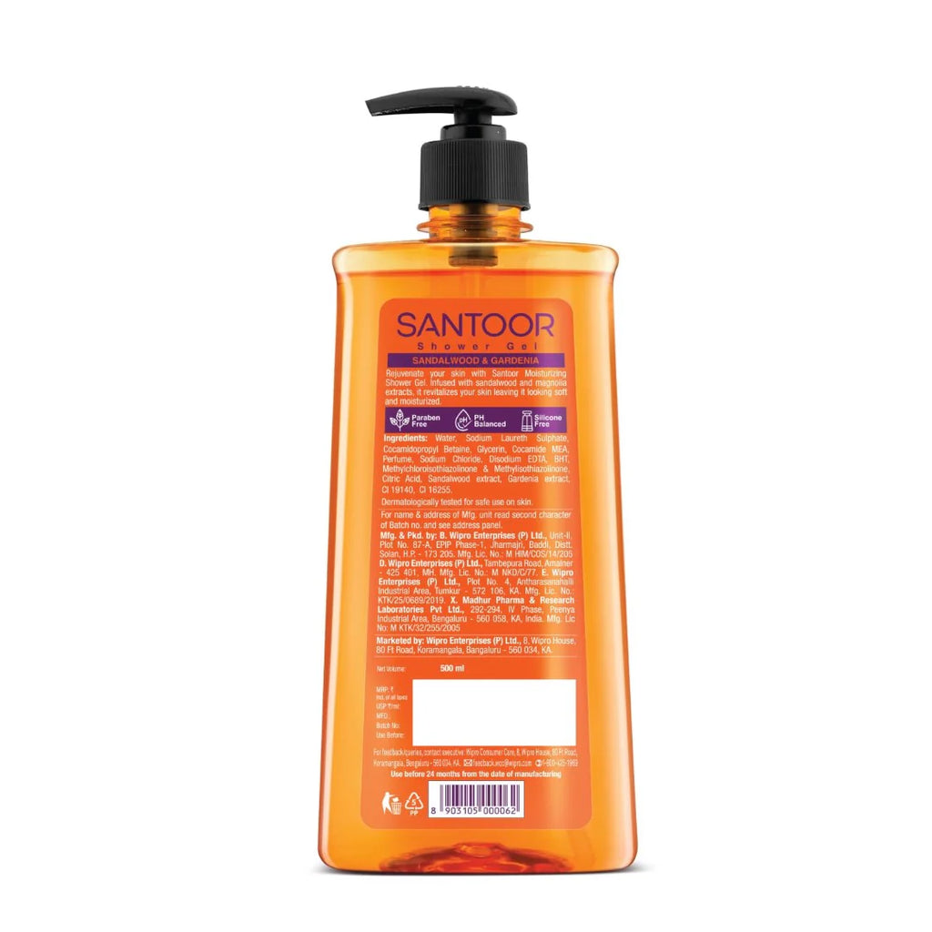 Santoor Moisturizing Shower Gel With Natural Sandalwood & Gardenia Extracts| For Men & Women| Moisturizing Body Wash With Glycerin | Suitable For All Skin Types| No Parabens| No Silicones| 500ml
