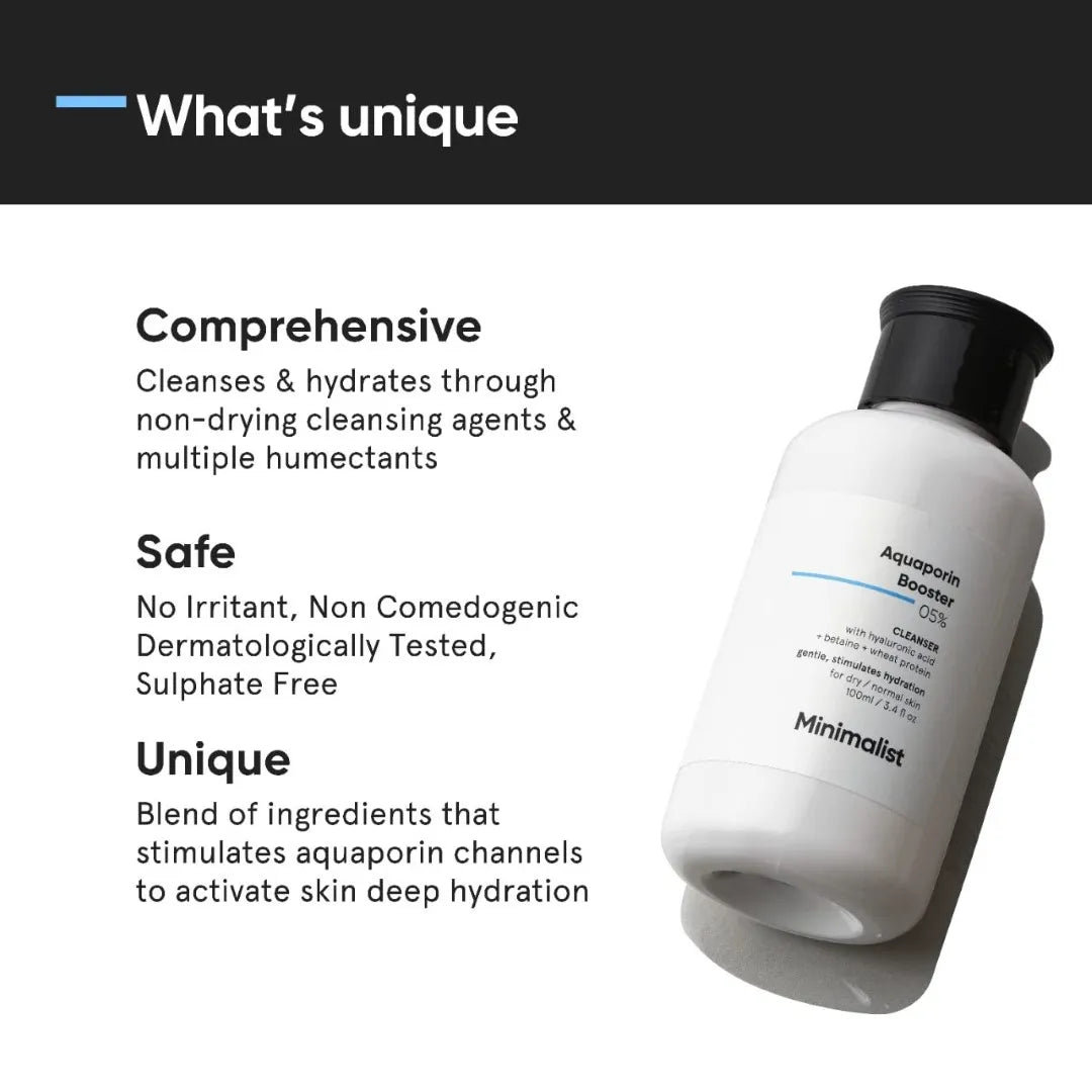 Minimalist 5% Aquaporin Booster | Cleanser For Dry Skin with Hyaluronic Acid | Hydrating | Sulphate Free | Non- drying Cleanser | For Women & Men (100 ml)