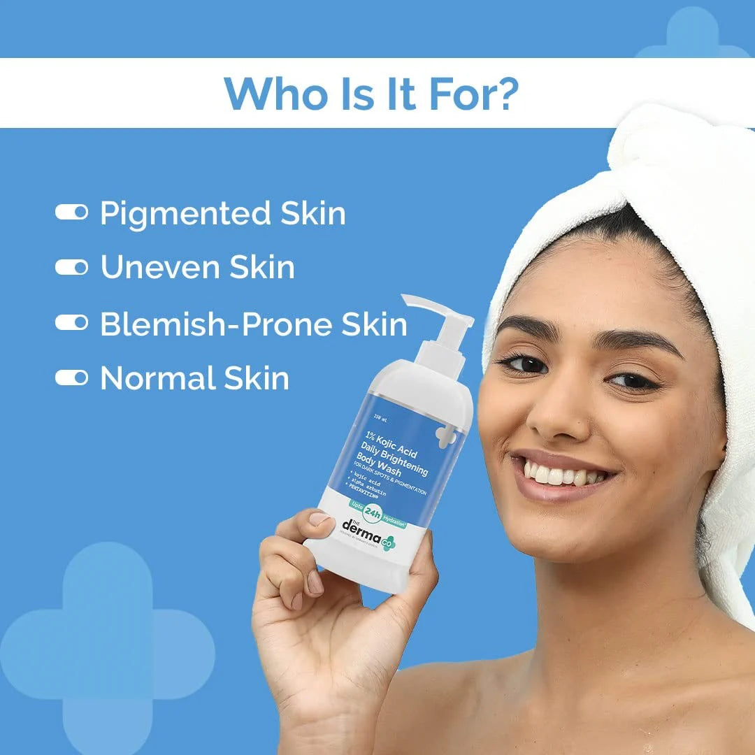 The Derma Co 1% Kojic Acid Daily Brightening Body Wash I Alpha Arbutin | For Dark Spots & Pigmentation I Up to 24 Hour Hydration I Cleanses & Brightens Skin I For All Skin Types- 250ml