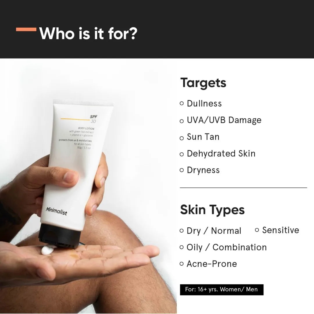 Minimalist SPF 30 Body Lotion, UVA & UVB Protection | Nourishing | Broad Spectrum PA+++ Sunscreen for All Skin Types | For Men & Women | 150 g