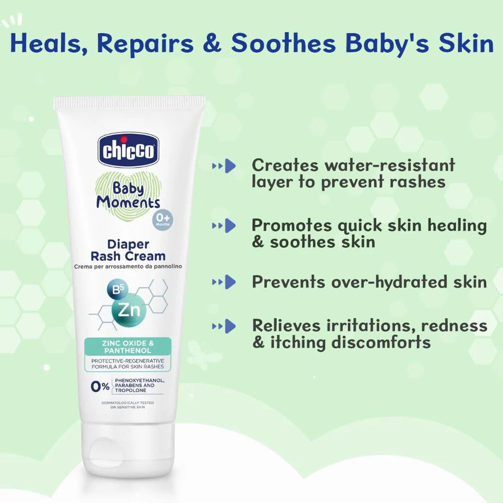 Chicco Baby Moments Diaper Rash Cream with Zinc Oxide & Vitamin B5, 100g| Natural Ingredients to Prevent Rashes & Irritation| Dermatologist Tested | Phenoxyethanol, Parabens & Lauryl sulphates free