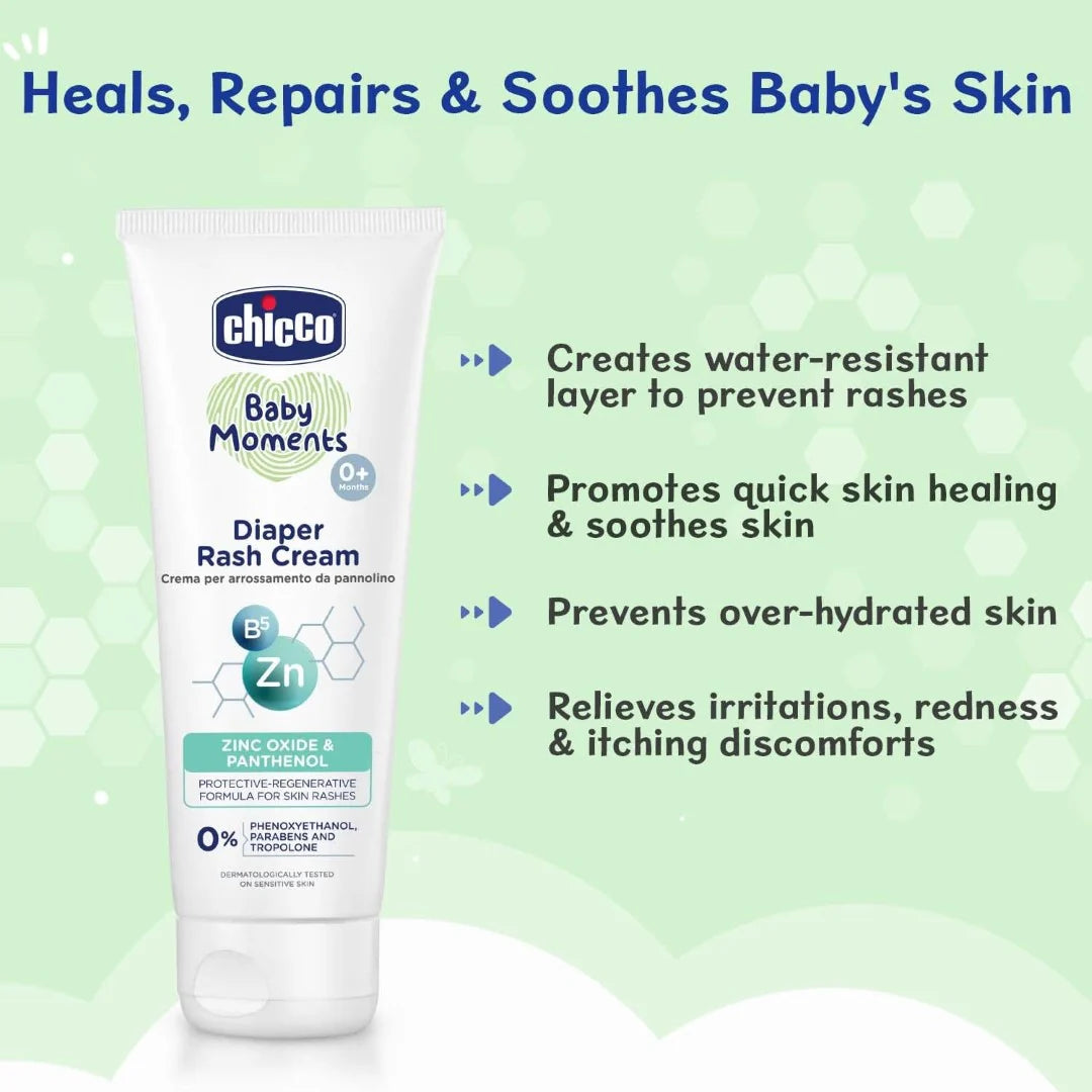 Chicco Baby Moments Diaper Rash Cream with Zinc Oxide & Vitamin B5, 100g| Natural Ingredients to Prevent Rashes & Irritation| Dermatologist Tested | Phenoxyethanol, Parabens & Lauryl sulphates free
