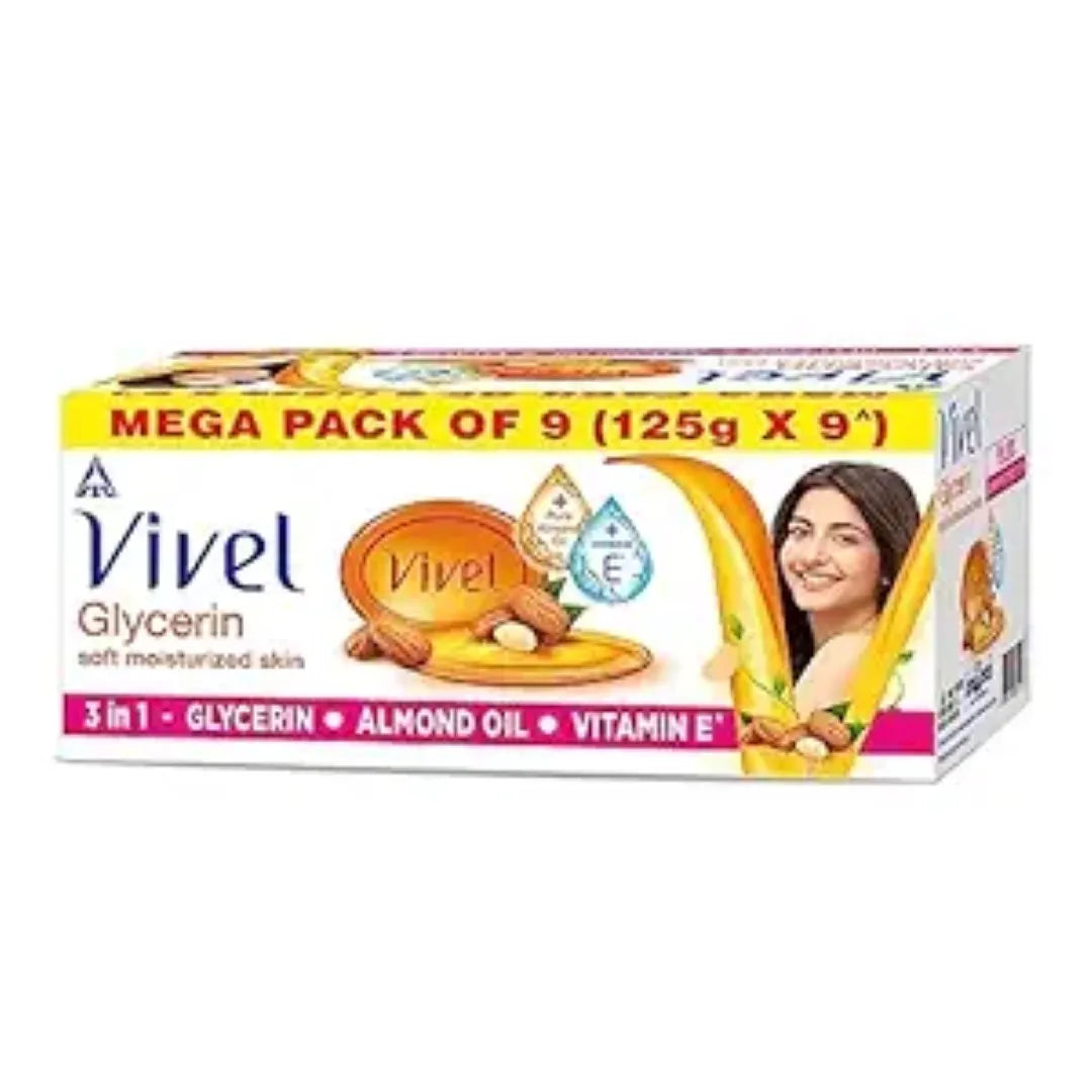 Vivel Glycerin Bathing Soap for Soft Moisturized Skin with Pure Almond Oil & Vitamin E, 1125g (125g - Pack of 9), Soap for Women & Men, For All Skin Types