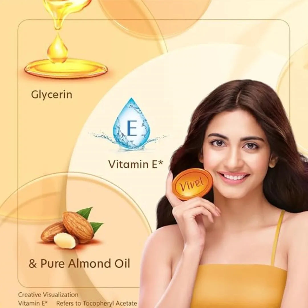 Vivel Glycerin Bathing Soap for Soft Moisturized Skin with Pure Almond Oil & Vitamin E, 1125g (125g - Pack of 9), Soap for Women & Men, For All Skin Types
