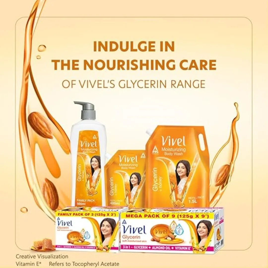 Vivel Glycerin Bathing Soap for Soft Moisturized Skin with Pure Almond Oil & Vitamin E, 1125g (125g - Pack of 9), Soap for Women & Men, For All Skin Types