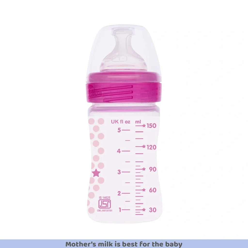 Chicco Well-Being 150 ml Feeding Bottle, Advanced Anti-Colic System, BPA Free, Hygienic Silicone Teat (Pink)