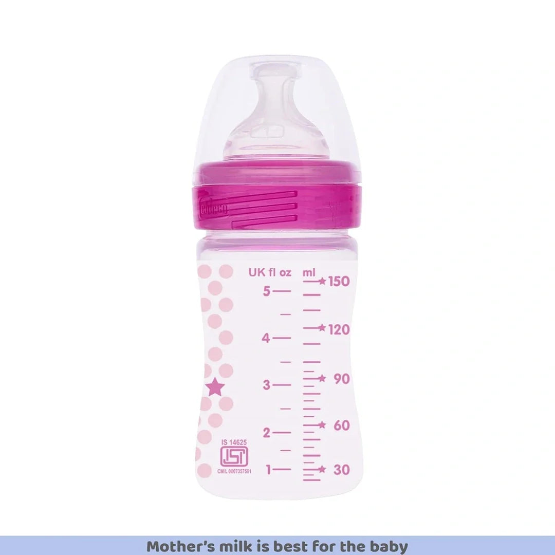 Chicco Well-Being 150 ml Feeding Bottle, Advanced Anti-Colic System, BPA Free, Hygienic Silicone Teat (Pink)