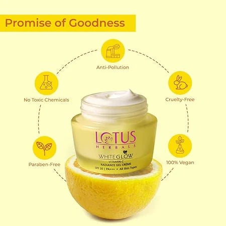 Lotus Herbals WhiteGlow Vitamin C Gel Crème | Reduces Dark Spots | Unique Gel + Crème Formula | 100x More Vitamin C | Boosts Radiance | SPF 20 PA+++ | Paraben-Free | 50g