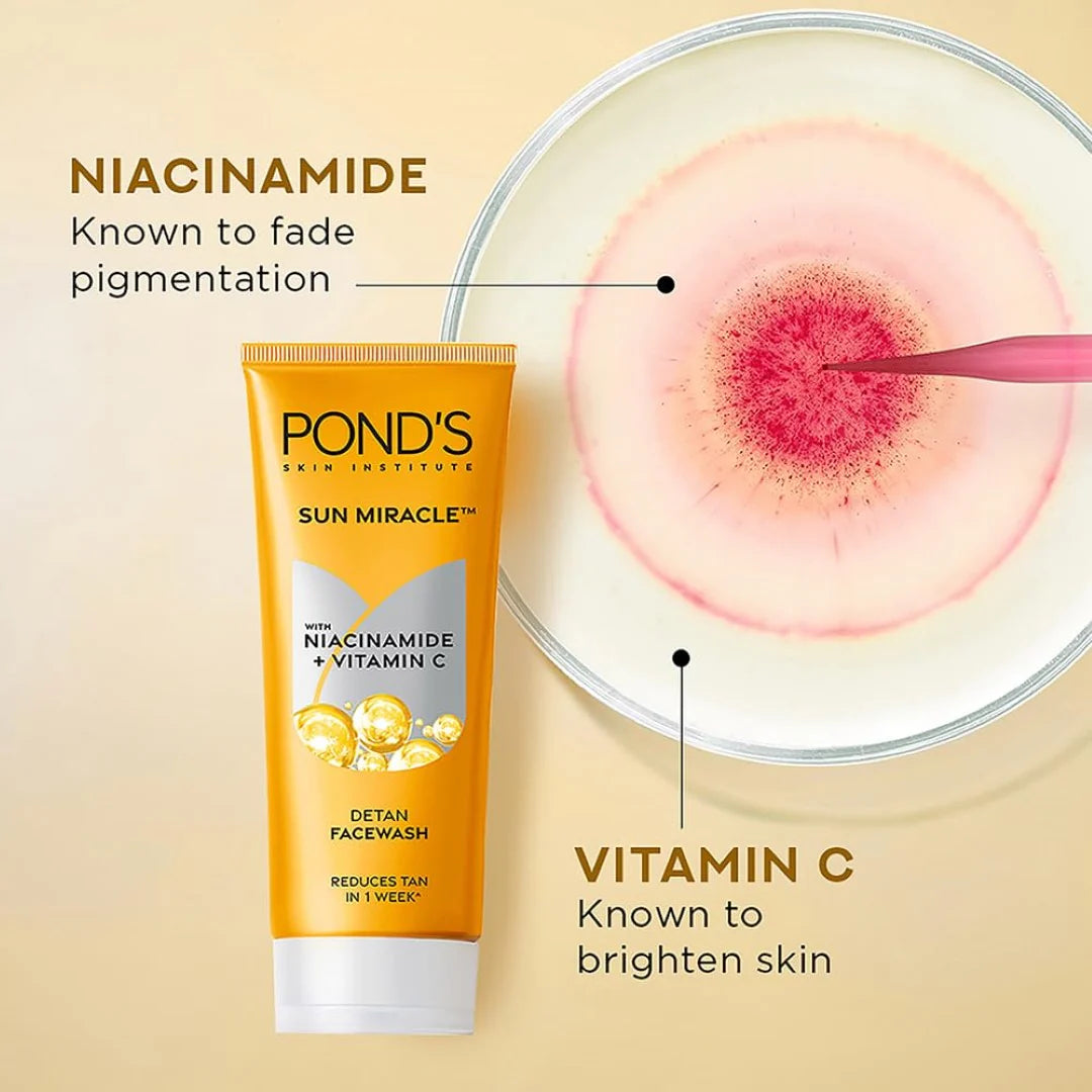 Pond's Detan Face Wash for Tan Removal in Just 7 Days | Contains Vitamin C and Niacinamide | Facewash for All Skin Types, 100gm