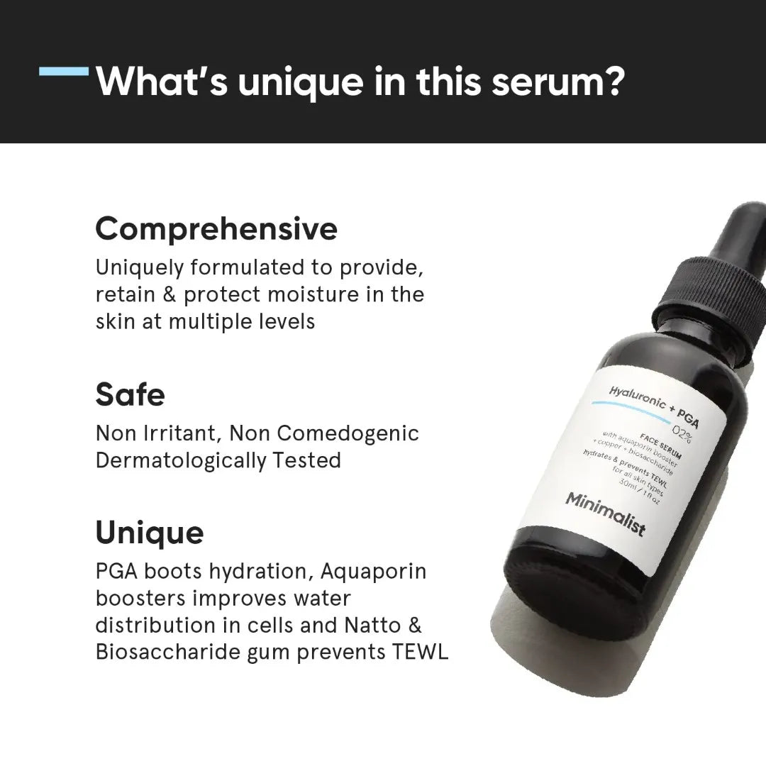 Minimalist 2% Hyaluronic Acid + PGA Serum for Intense Hydration, Glowing Skin & Fine Lines | Daily Hydrating Face Serum For Women & Men with Dry, Normal & Oily Skin | 30 ml