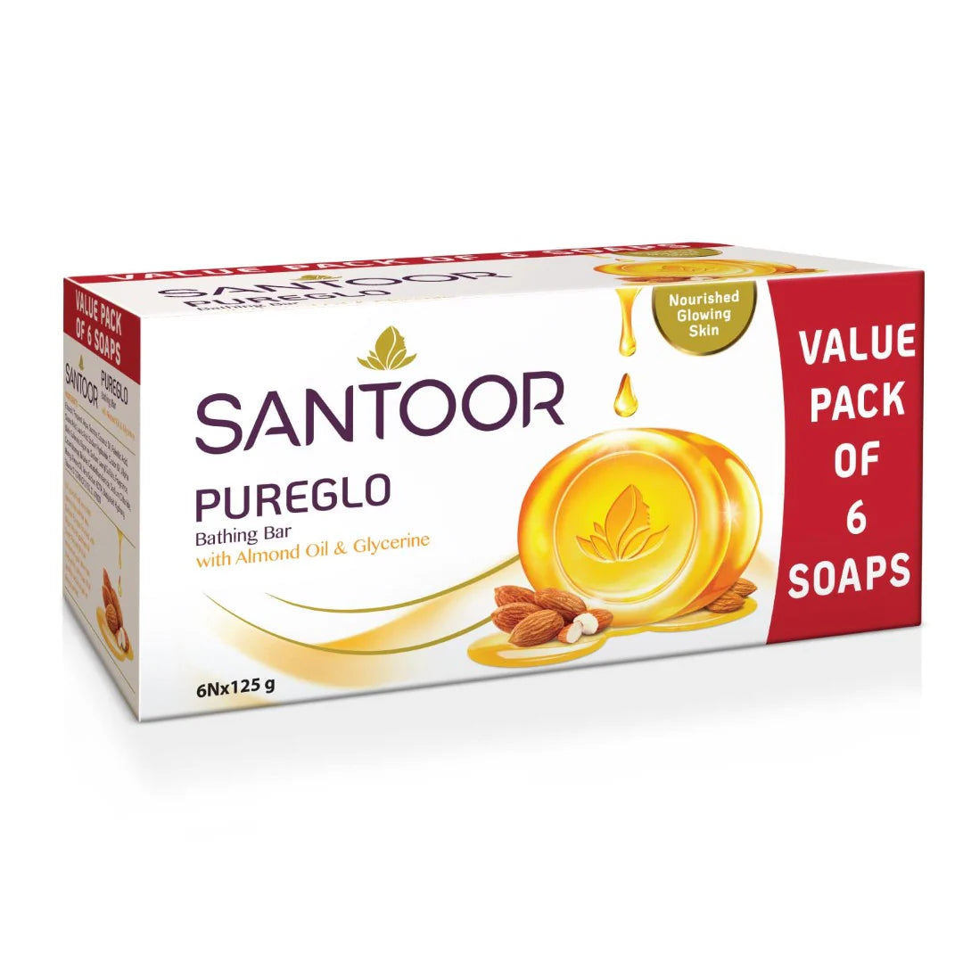 Santoor PureGlo Glycerine Bathing Bar Soap with Almond Oil for Nourished & Glowing Skin| Gentle & Rich Lathering Formula| Refreshing Fragrance| For All Skin Types| 125g, Pack of 6