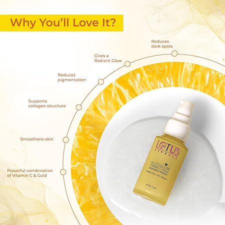 Lotus Herbals WhiteGlow Vit C and Gold Radiance Face Serum | Reduces Dark Spots | Enriched with & Gold | Smoothens Skin | Boosts Radiance | Paraben-Free | 30ml