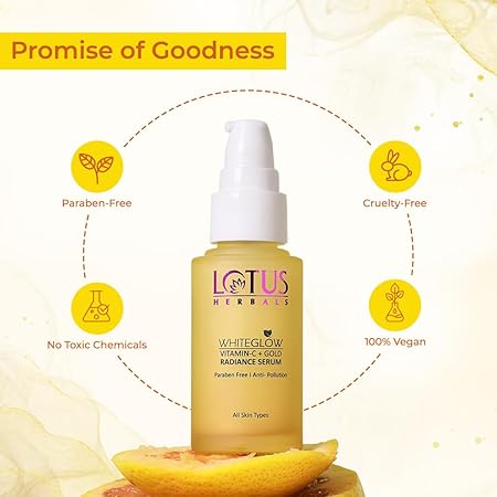 Lotus Herbals WhiteGlow Vit C and Gold Radiance Face Serum | Reduces Dark Spots | Enriched with & Gold | Smoothens Skin | Boosts Radiance | Paraben-Free | 30ml