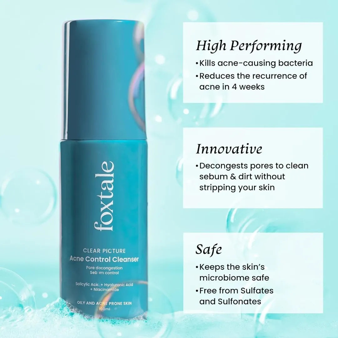 Foxtale Acne Control Cleanser for Oily & Acne Prone Skin, Controls Oil & Kills Acne Causing Bacteria, Acne Control Cleanser for Men & Women - 100 ml