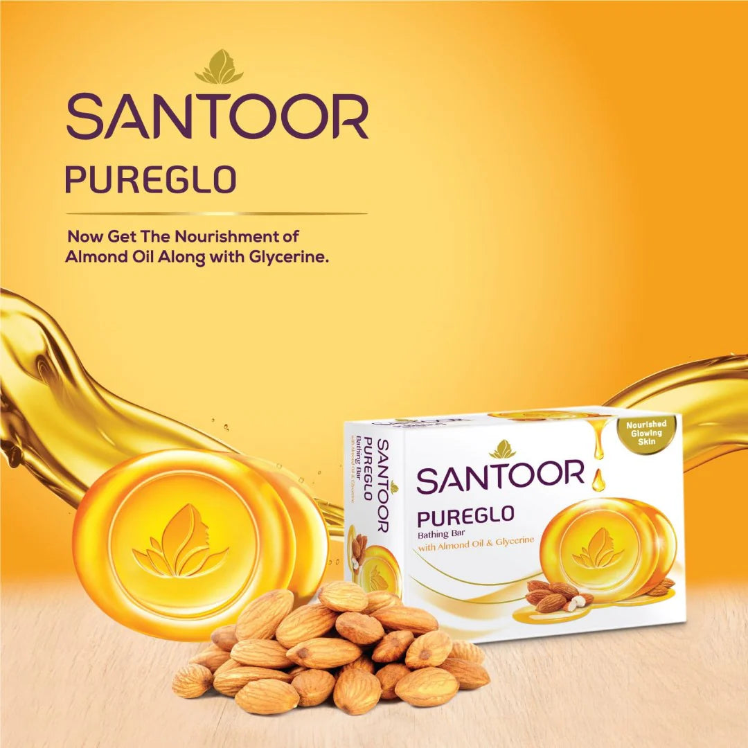 Santoor PureGlo Glycerine Bathing Bar Soap with Almond Oil for Nourished & Glowing Skin| Gentle & Rich Lathering Formula| Refreshing Fragrance| For All Skin Types| 125g, Pack of 6