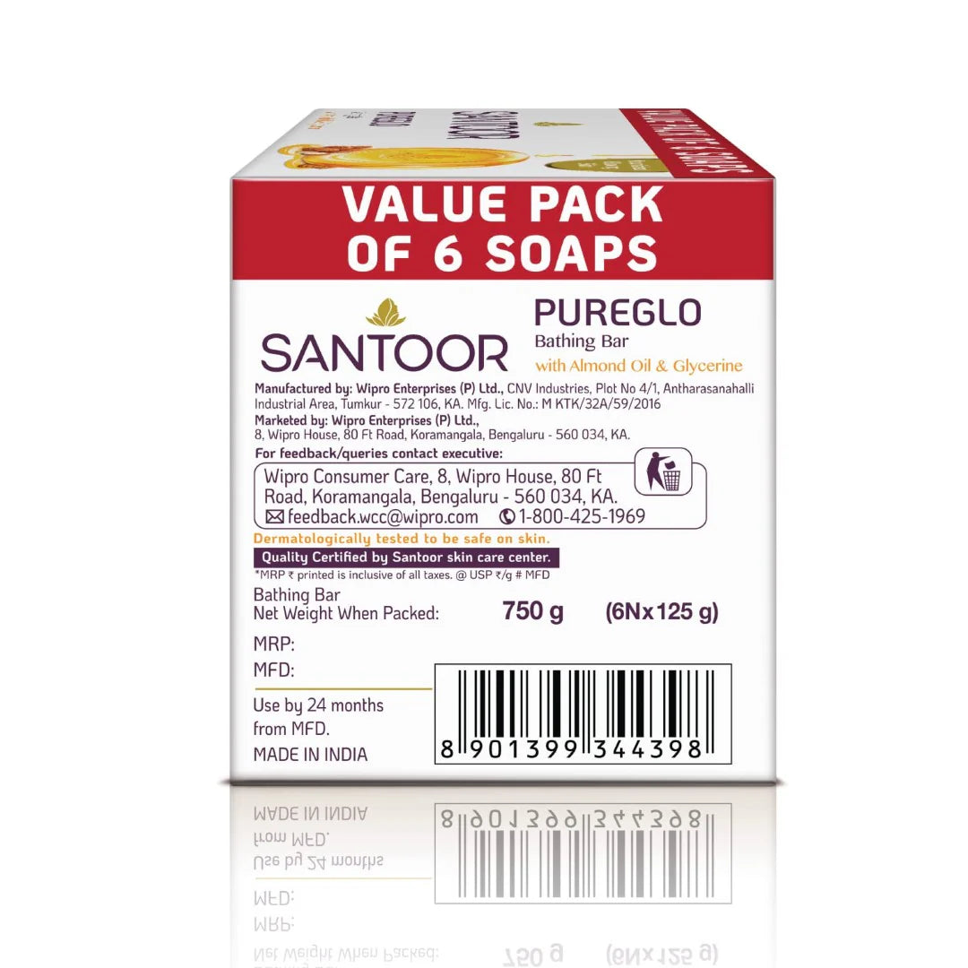 Santoor PureGlo Glycerine Bathing Bar Soap with Almond Oil for Nourished & Glowing Skin| Gentle & Rich Lathering Formula| Refreshing Fragrance| For All Skin Types| 125g, Pack of 6
