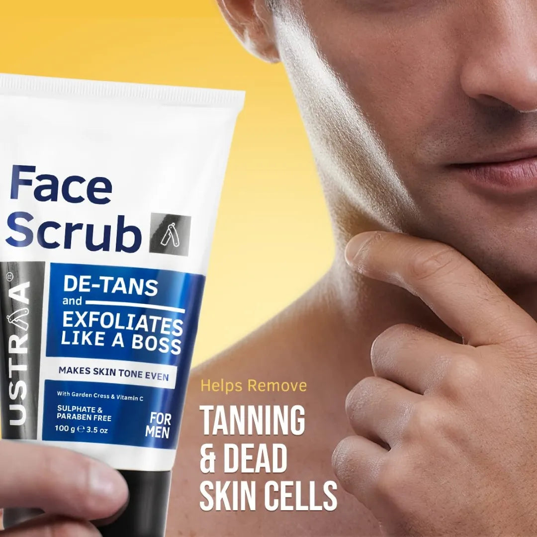 Ustraa Face Scrub -100g - De-Tan Face scrub for men | Exfoliation & Effective Tan Removal with Bigger Walnut Granules, No Sulphate, No Paraben, Made in India
