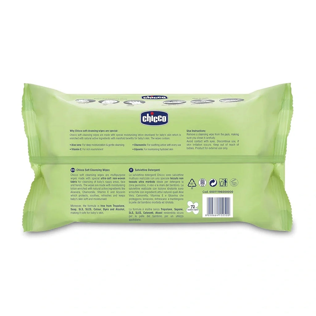Chicco Baby Moments Soft Cleansing Baby Wipes, Ideal for Nappy, Face and Hand, Dermatologically Tested, Paraben Free, Fliptop Pack (72 Sheets), White