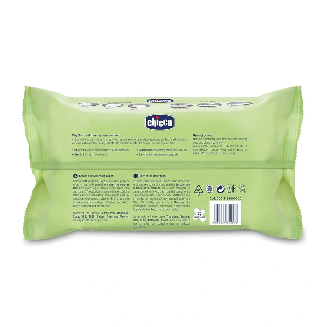 Chicco Baby Moments Soft Cleansing Baby Wipes, Ideal for Nappy, Face and Hand, Dermatologically Tested, Paraben Free, Fliptop Pack (72 Sheets), White