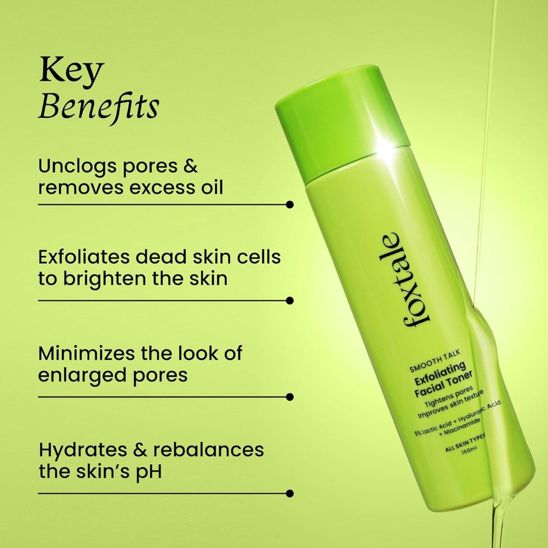 Foxtale Exfoliating Face Toner with 5% Lactic Acid for Pore Tightening & Gentle Exfoliation, Alcohol Free Toner for Glowing Skin, For All Skin Types, Men & Women, 150 ml