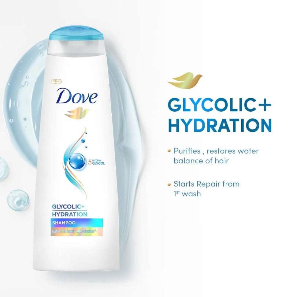 Dove Glycolic + Hydration Shampoo 650 ml with 5% Hydra-Glycol for Upto 100 hours of hydrated, fluid hair.