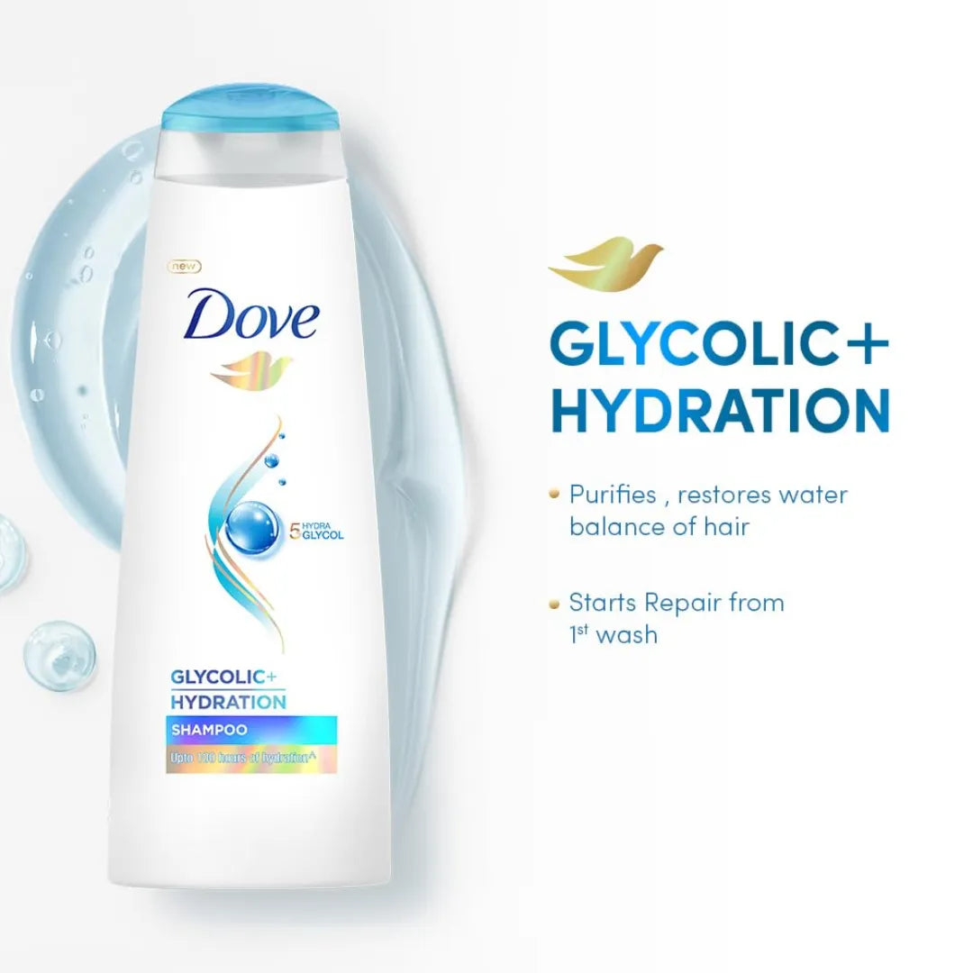 Dove Glycolic + Hydration Shampoo 650 ml with 5% Hydra-Glycol for Upto 100 hours of hydrated, fluid hair.