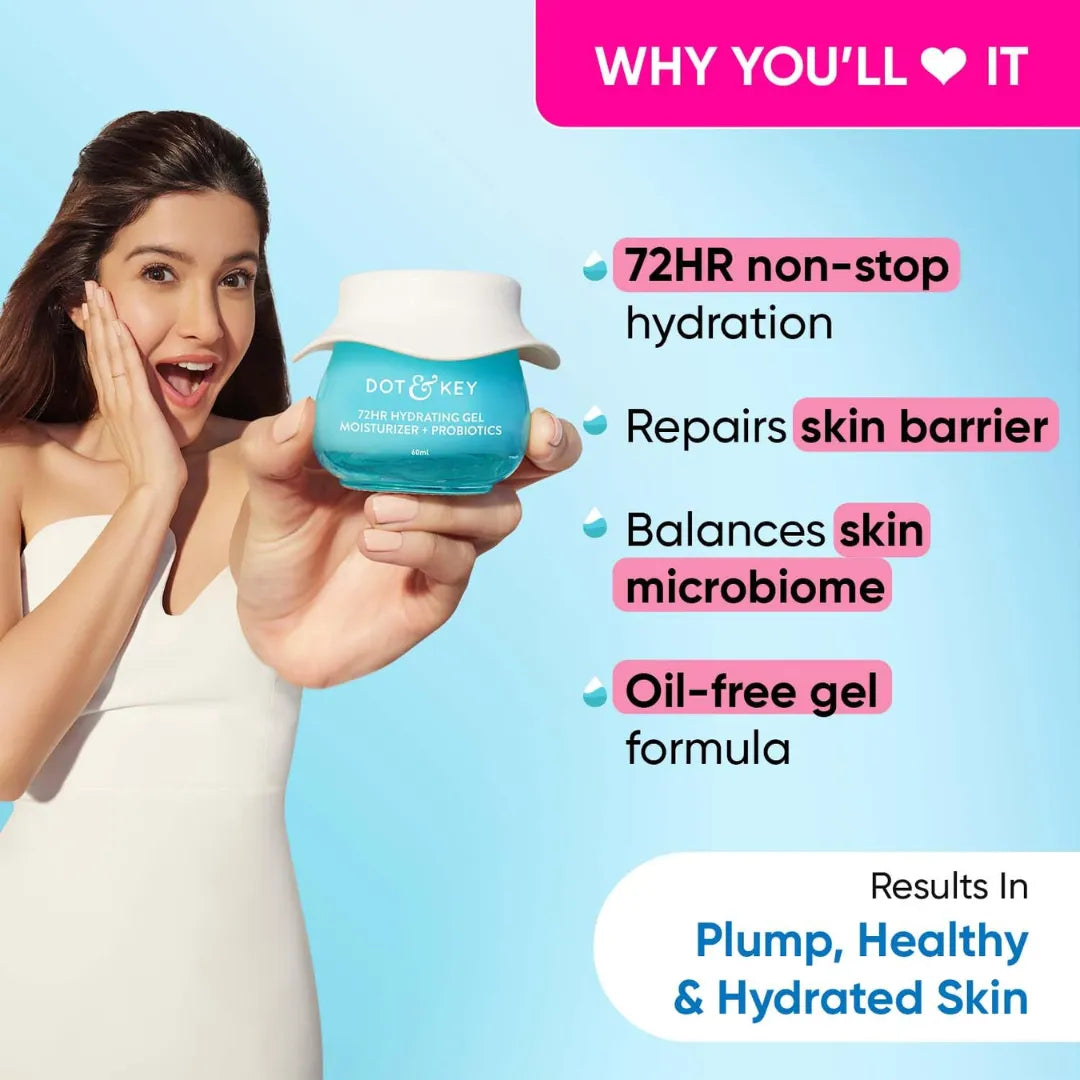 Dot & Key 72Hr Hydrating Gel + Probiotics Moisturizer For Face With Hyaluronic Acid, Kombucha & Rice Water Lightweight Gel Oil Free Moisturizer (60ml)
