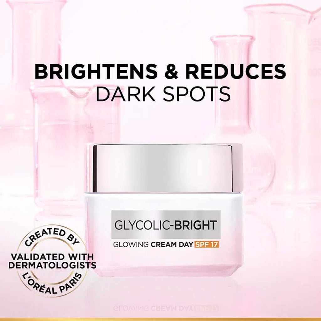 L'Oreal Paris Glycolic Bright Glowing Day Cream, Overnight Brightening Cream, Glycolic Acid in Gel-Like Cream Texture, that Visbily Minimizes Spots & Reveals Glowing skin (50ml)