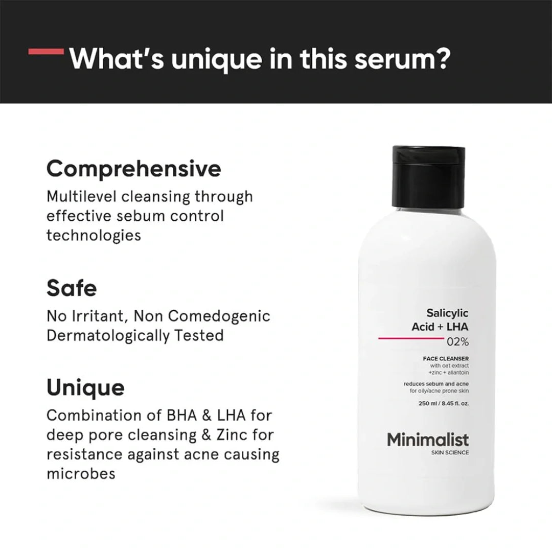 Minimalist Anti-Acne Salicylic Acid 2% Face Wash with LHA for Pore Cleansing, Oil Control & Sebum Regulation | Sulfate-Free Formula with Zinc for Gentle Exfoliation (250ml)
