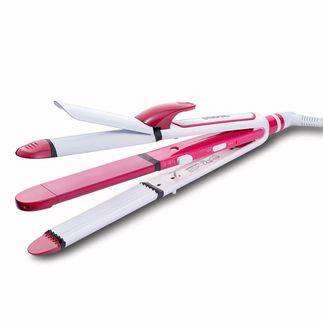 NOVA 3 in 1 Hair Styler -Curler, Crimper NHS 806 Hair Straightener (White, Pink)
