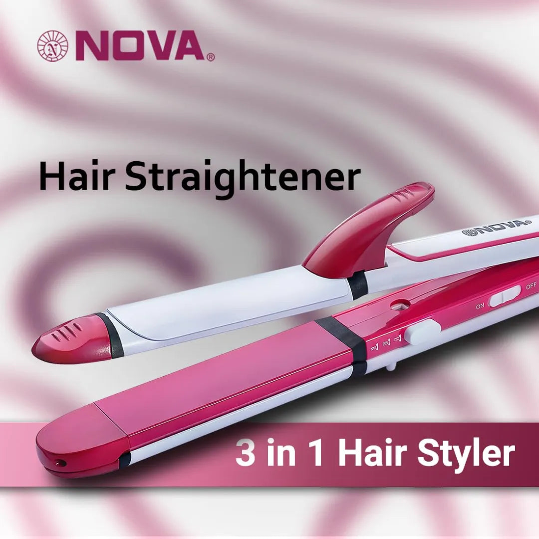 NOVA 3 in 1 Hair Styler -Curler, Crimper NHS 806 Hair Straightener (White, Pink)