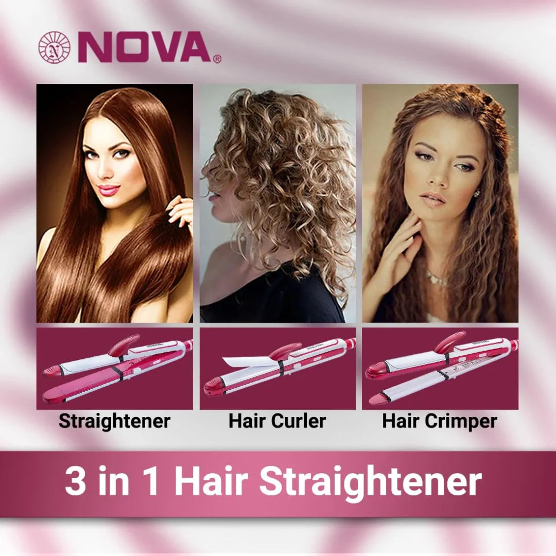 NOVA 3 in 1 Hair Styler -Curler, Crimper NHS 806 Hair Straightener (White, Pink)