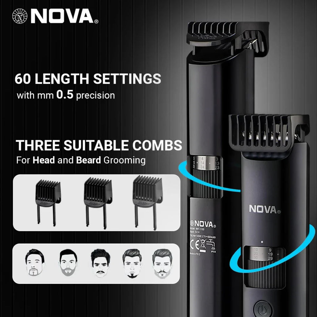 Nova Men Nht 1100 Digital Waterproof Trimmer 200 Min Runtime 60 Length Settings (Black)