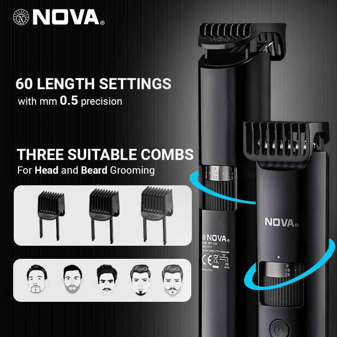 Nova Men Nht 1100 Digital Waterproof Trimmer 200 Min Runtime 60 Length Settings (Black)