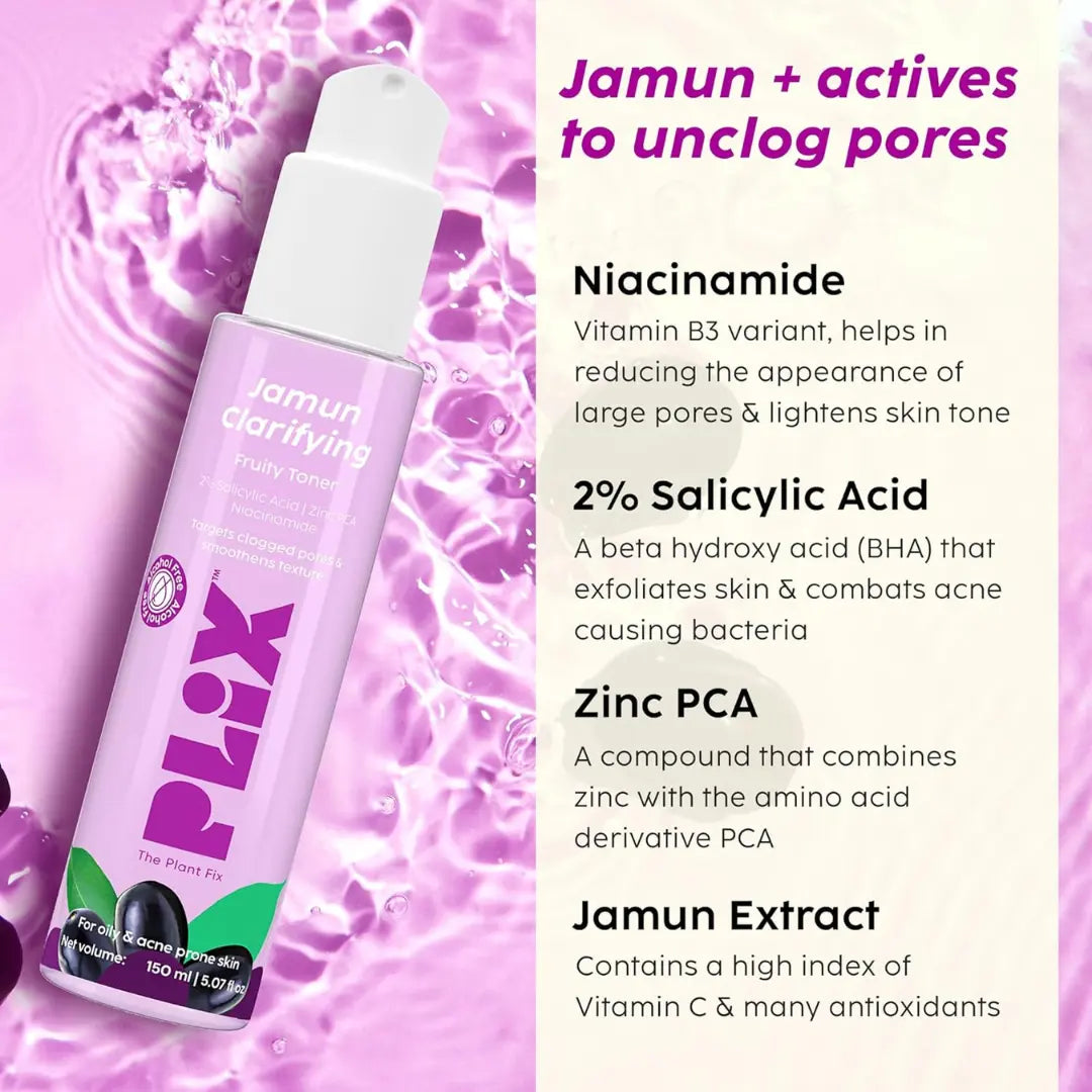 PLIX - THE PLANT FIX Jamun Active Acne Regime with Toner & 0.5% w/w Salicylic Acid Cleanser to Unclog Pores & Reduce Acne