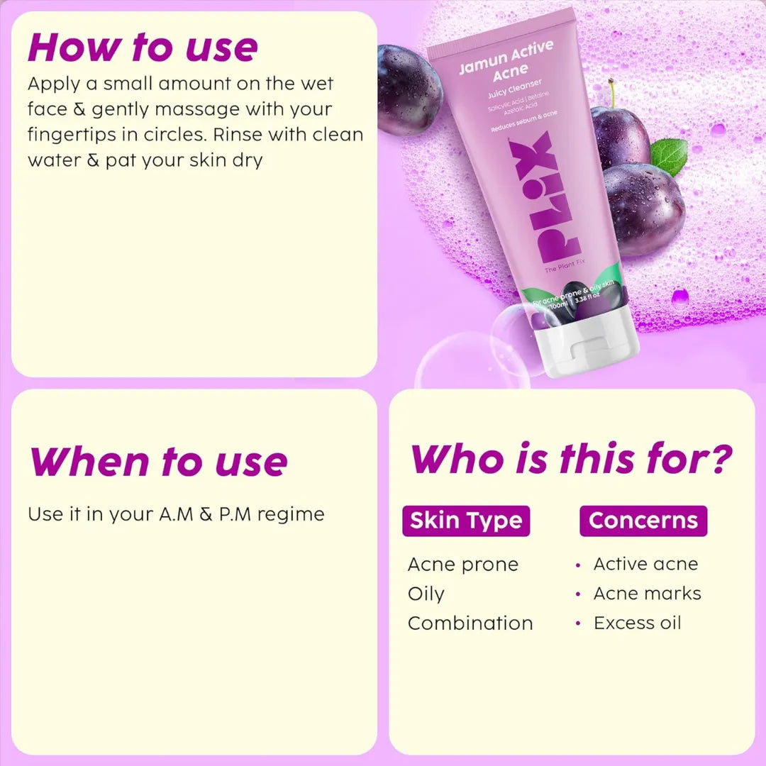 PLIX - THE PLANT FIX Jamun Active Acne Regime with Toner & 0.5% w/w Salicylic Acid Cleanser to Unclog Pores & Reduce Acne