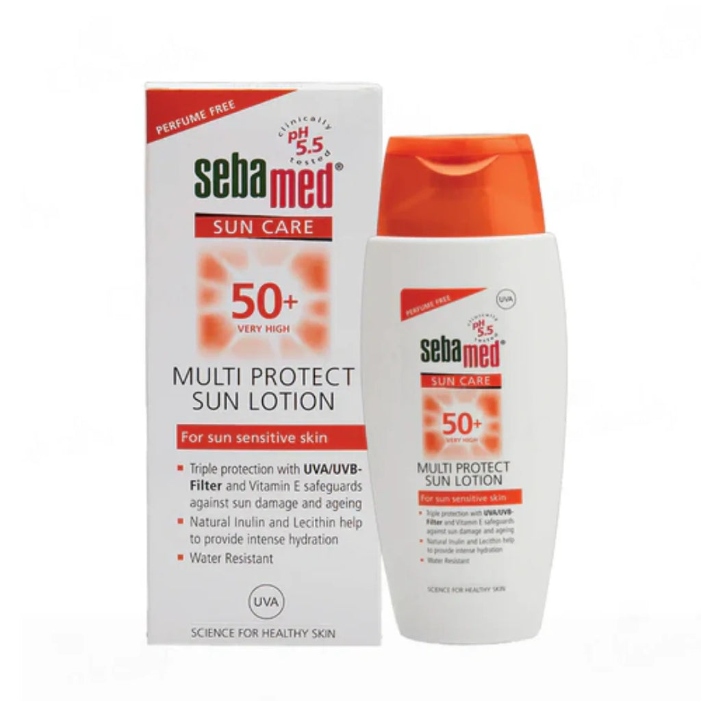 Sebamed Multi Protect Sun lotion SPF 50, 150 ml I UVA/UVB Protection filter I Water resistant sunscreen with pH 5.5 I Vitamin E I men & women I Suitable for children I Clinically tested.