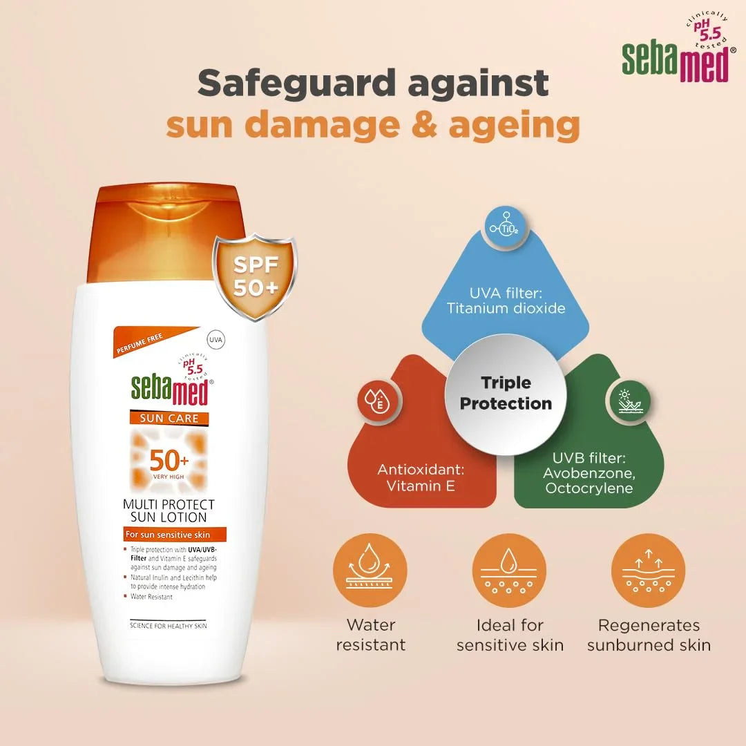 Sebamed Multi Protect Sun lotion SPF 50, 150 ml I UVA/UVB Protection filter I Water resistant sunscreen with pH 5.5 I Vitamin E I men & women I Suitable for children I Clinically tested.