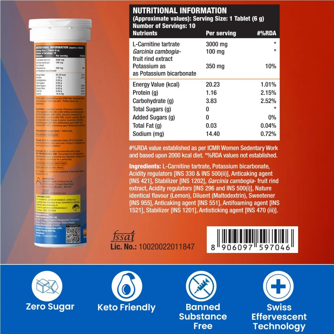 FAST&UP L-CARNITINE 3000 MG - Helps convert fat into energy, ADVANCED TRIPLE ACTION FORMULA, Carnipure™ Carnitine with added Garcinia cambogia and Potassium, Lemon Flavour