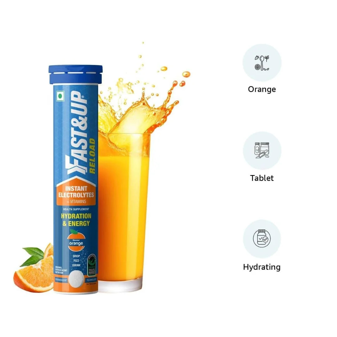 Fast&Up Reload (5 Litres) Low Sugar energy drink for Instant Hydration - 20 Effervescent Tablets Orange flavour (pack of 2)