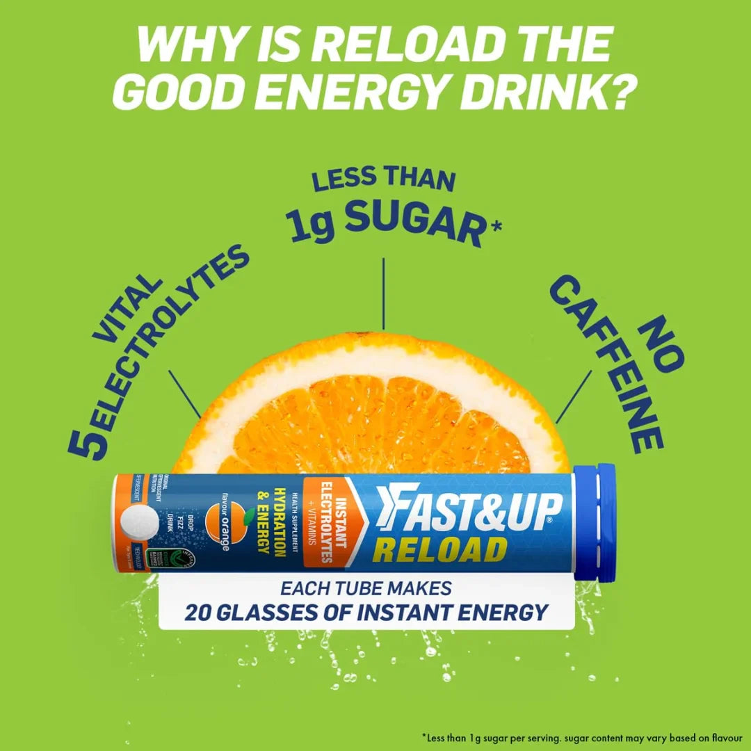 Fast&Up Reload (5 Litres) Low Sugar energy drink for Instant Hydration - 20 Effervescent Tablets Orange flavour (pack of 2)
