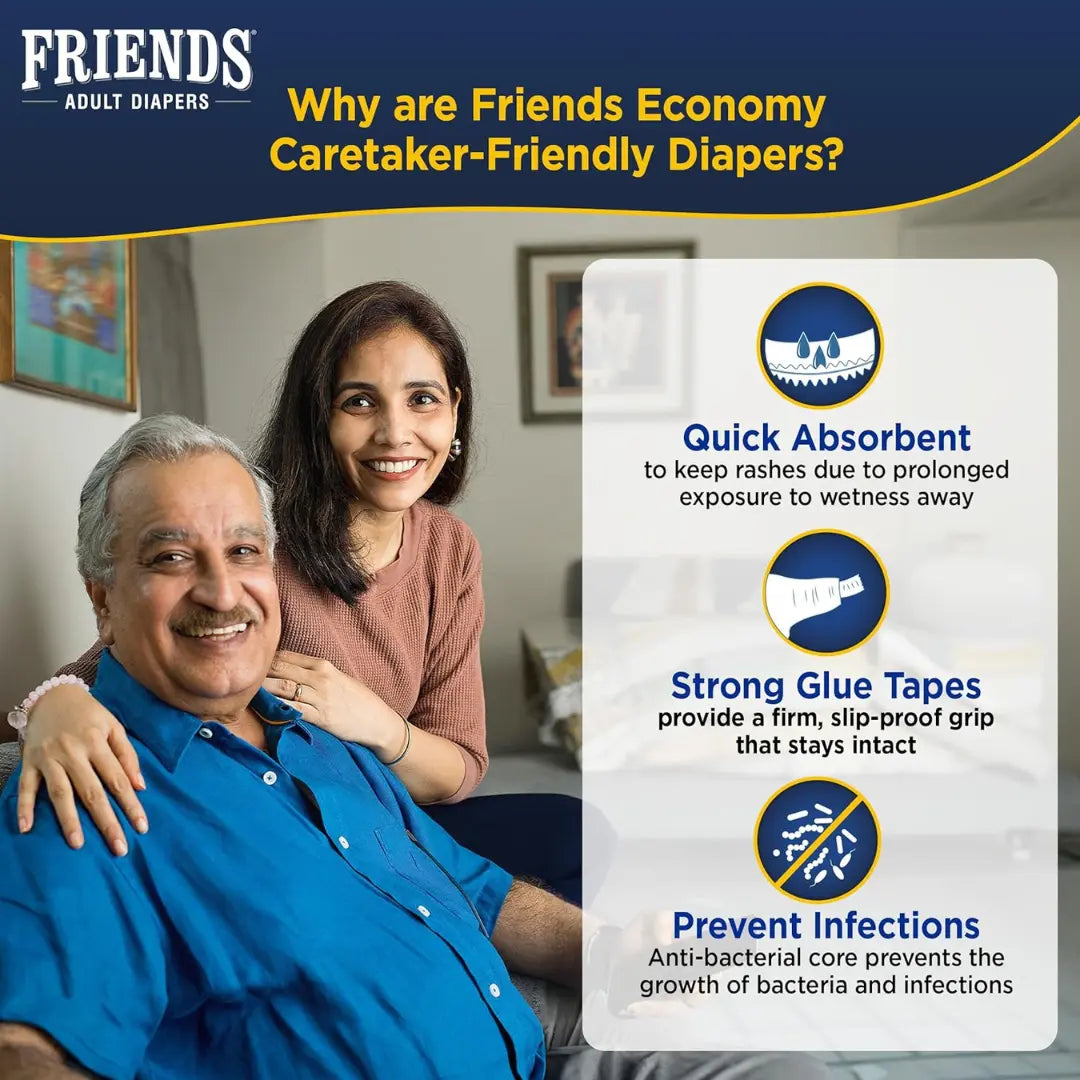 Friends Economy Adult Diapers Tape Style - 10 Count (Large) with odour lock and Anti-Bacterial Absorbent Core- Waist Size 29.53-62.99Inch ; 75-160Cm