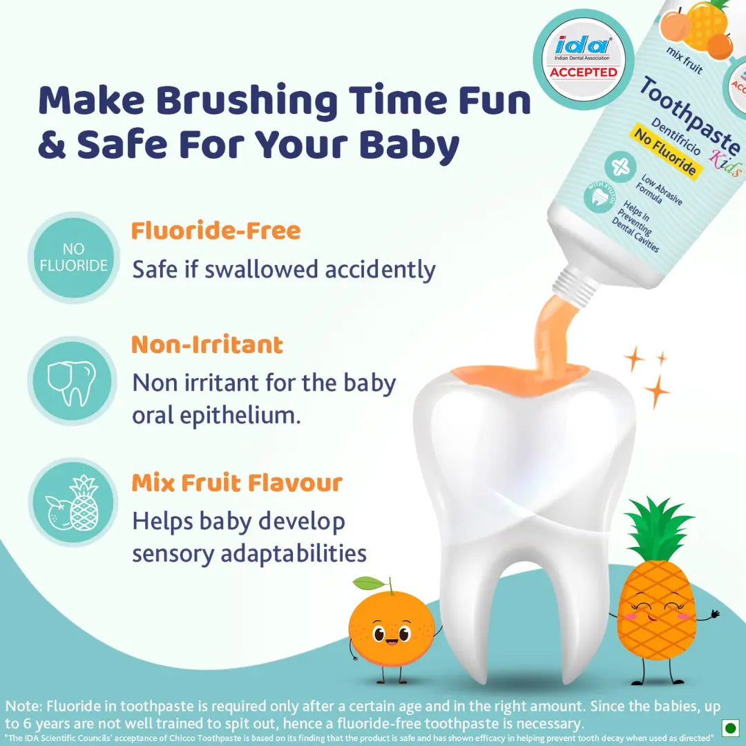 Chicco Toothpaste for 1Y to 6Y Baby, Mixed Fruit Flavour, Fluoride-free, Preservative-free, Cavity Protection (50g)